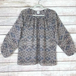 CAbi Sienna Peasant Blouse Floral Sheer Tie Neck